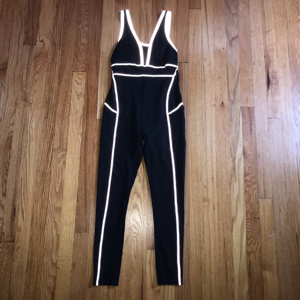 FP Movement by Free People Black Bodysuit with Reflective White Trim Small